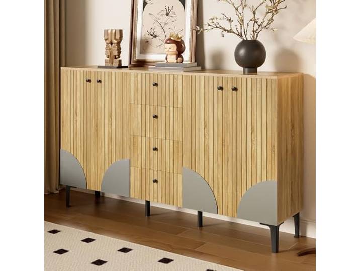 FammyLoft Moderner Aufbewahrungsschrank aus Holz mit 4 Türen und 4 Schubladen, Sideboard Schrank, Allzweckschrank, Ideal für Wohnzimmer, Esszimmer oder Flur, 160 * 36 * 94cm, Holzfarbe