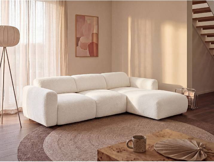 Großes modulierbares Ecksofa Ecke Rechts aus Bouclé-Stoff in Weiß von Maison Céphy POGNI