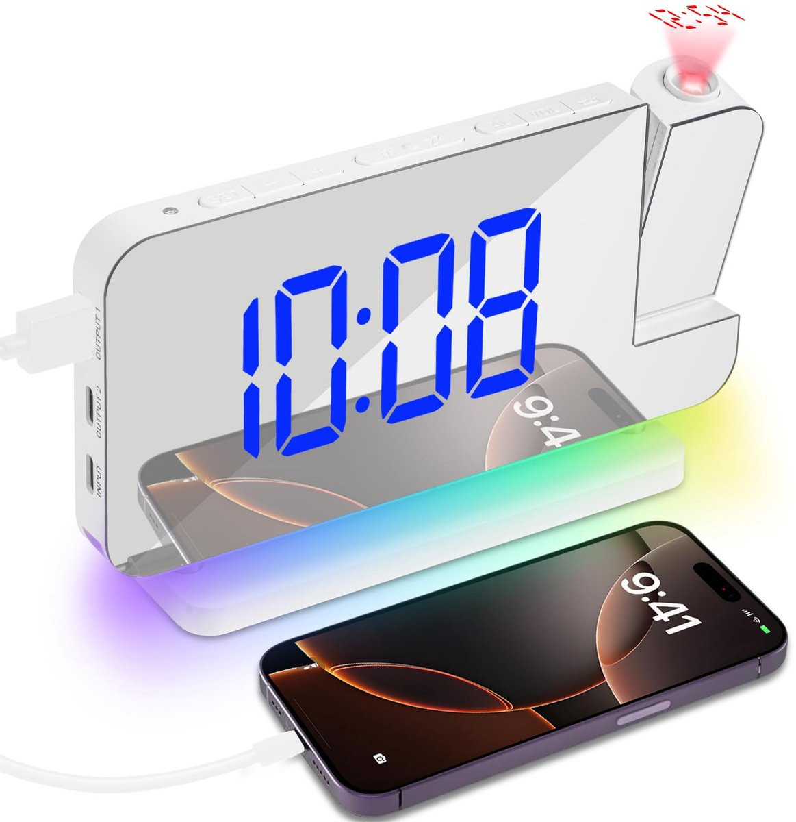Carmdering Projectie Wekker - Digitale LED Alarmklok met 180° Draaibare Projectie en RGB Kleurmodi - ABS Kunststof