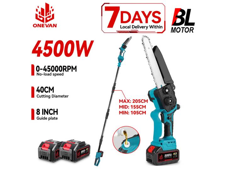 ONEVAN 4500W tronçonneuse électrique télescopique sans brosse 8 pouces scie à branches hautes outils de jardin d'élagage d'arbres pour batterie ONEVAN 18V