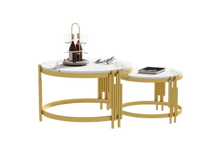 Tables basses modulaires - Design emboîtable - Aspect marbre - Cadre en métal doré - Tables rondes