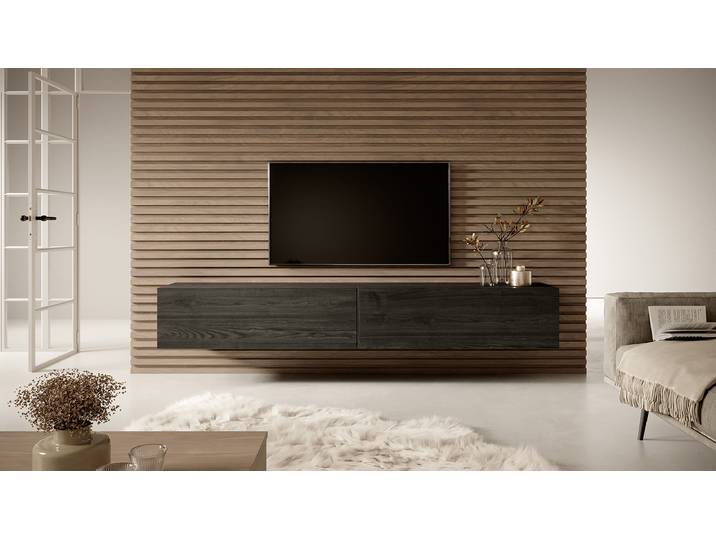 Meuble TV suspendu Bisira Panneau de particules revêtu Noir/Imitation frêne noir 200cm
