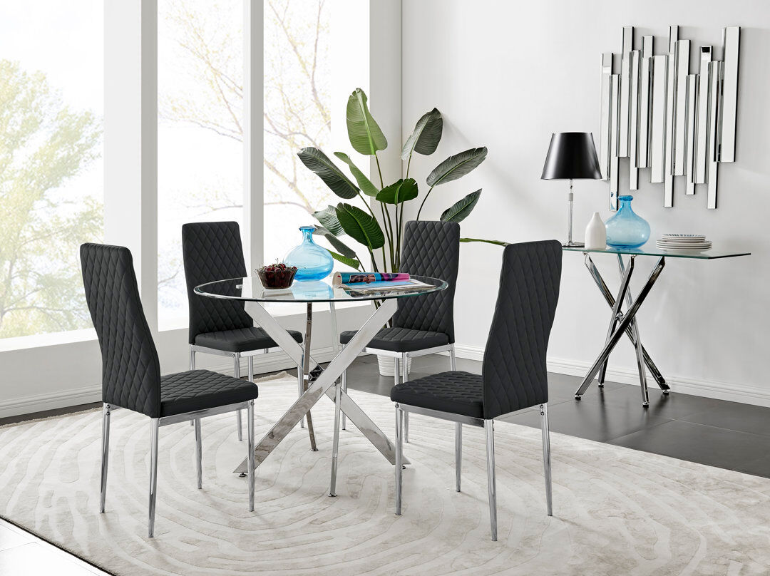 Canora Grey Tierra Modern Metal & Glass Round Dining Table Set with 4 Quilted Faux Leather Chairs Black/Silver 4