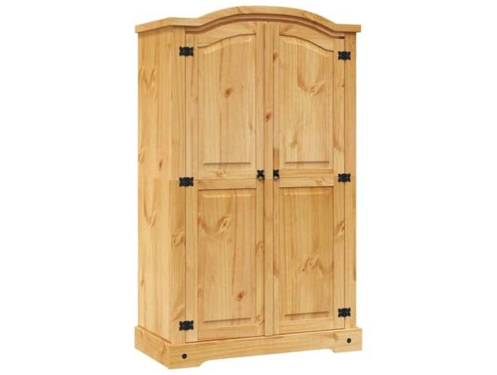HNSMFPRE Kleiderschrank mit 2 Türen, mexikanisches Kiefernholz Gewachste massive Kiefer, schwarze Metalldetails, gewölbte Oberseite, oberes Regal, Kleiderstange, rustikaler mexikanischer