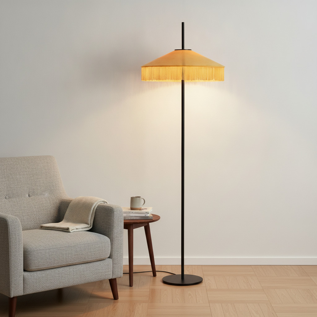 Lyora Tiffany vloerlamp Velvy geel met zwarte metalen voet