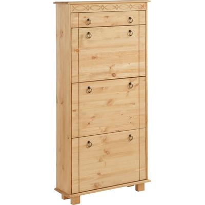 Schuhschrank OTTO HOME "Indra mit 3 Kippern und 1 Schublade, Metallgriffe, dekorative Fräsung", beige (gelaugt, geölt), B:70cm H:140cm T:22cm, Schränke, Schuhschrank, aus massiver Kiefer, Metallgriffe, Platz für ca. 9 Paar Schuhe