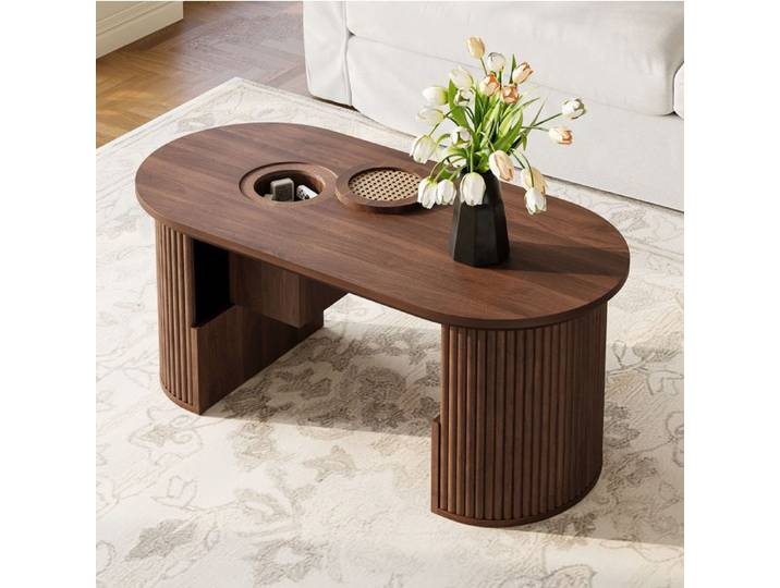 Table basse ovale 105x50x46 5 cm pour salon avec rangements ouverts et plateau compartimenté MDF noyer