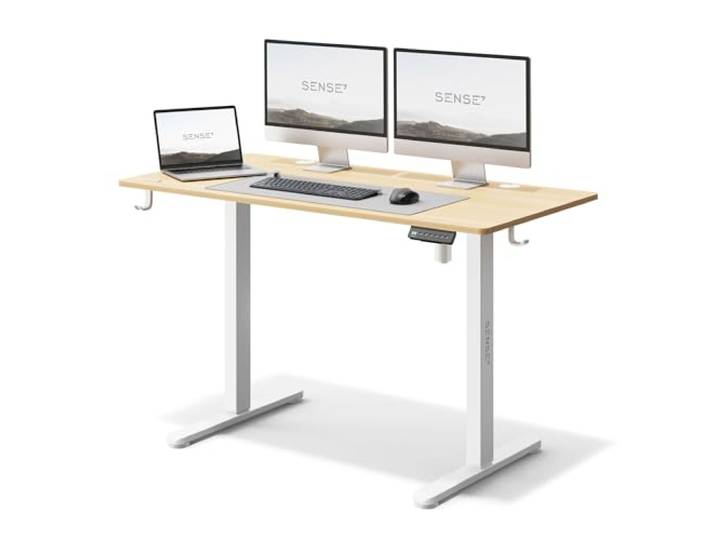 SENSE7 Bureau Gaming électrique 120x60cm Moteur Silencieux 70kg Blanc pin Mémoire de hauteur\, Poste assis-debout\, Plateau large\, pour travail et jeux\, Ergonomie à domicile\, modèle Nojo