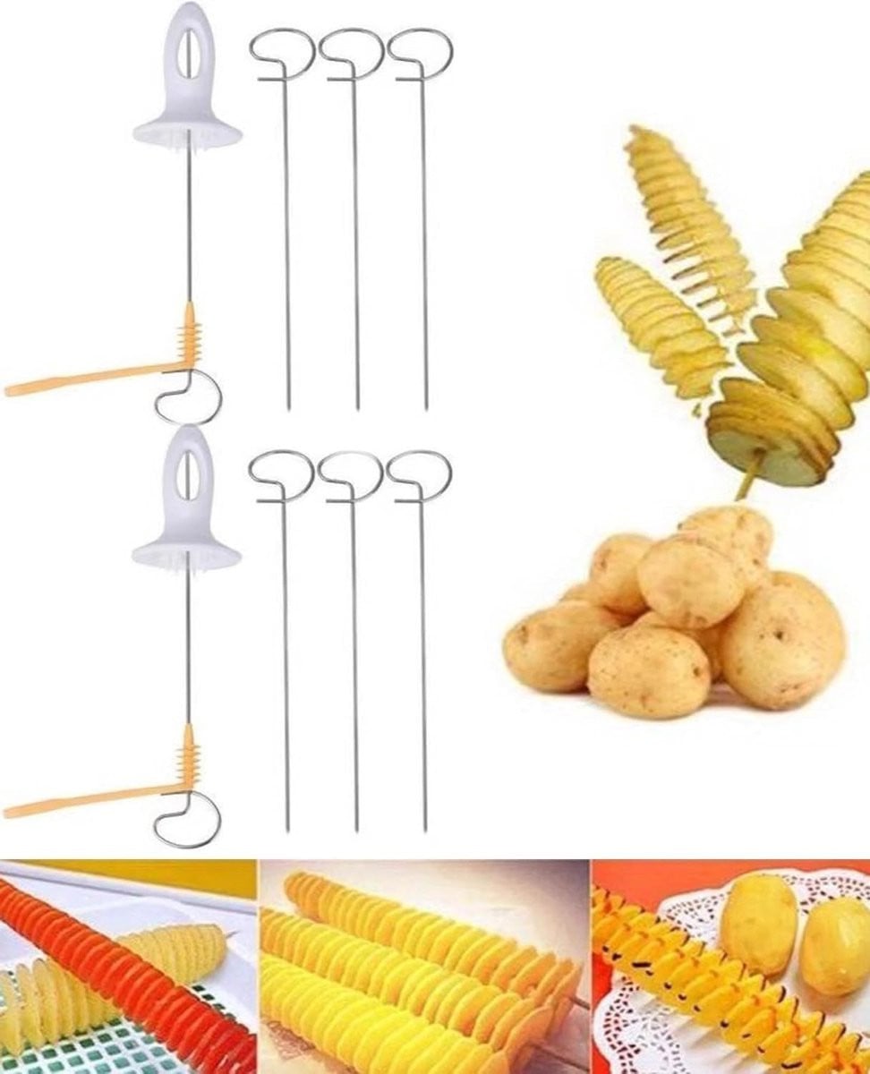 Spiraalsnijder voor aardappelen en groenten met 4 RVS spiesjes, Wit/Geel