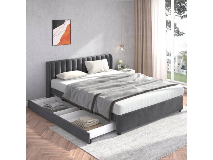 Lit double Maisentiel 180x200 cm velours gris tête rembourrée 2 tiroirs sur roulettes et sommier à lattes inclus