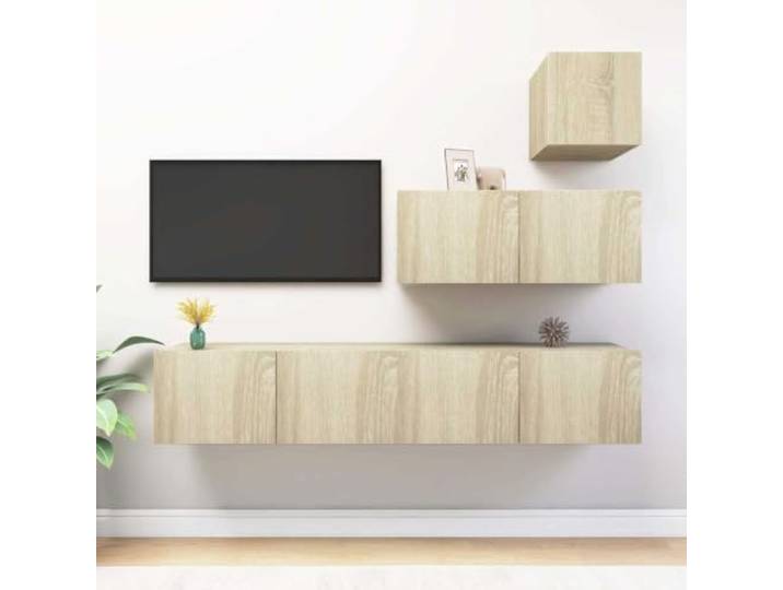HEFZGDB 4-TLG. TV-Schrank-Set Sonoma-Eiche Holzwerkstoff Wandmontage mit großem Stauraum und Mehreren Fächern für Wohnzimmer Aufbewahrung