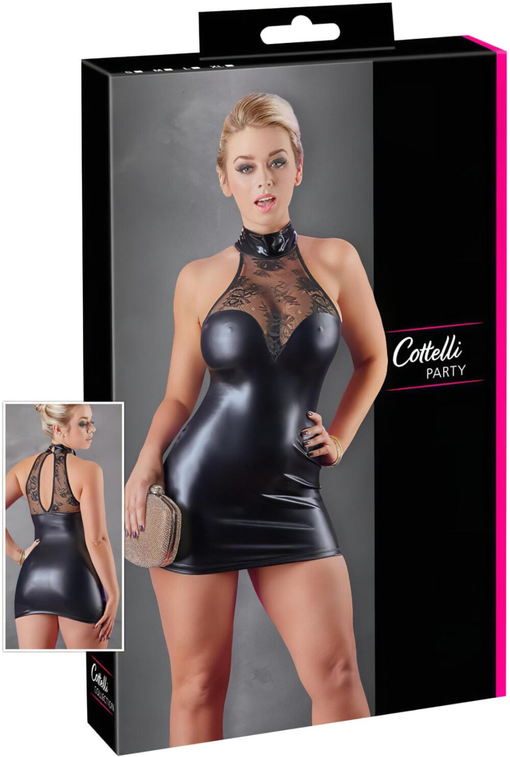 Cottelli - Lace & Shine Halter Mini Dress (Black) - L