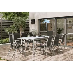 VILLANA Garten-Essgruppe, silber/schwarz, Alu/Textil, Tisch 160/220 cm, 6 Stapelstühle, 2 Hochlehner