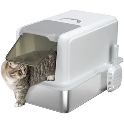 PawHut Katzentoilette, Wanne aus Edelstahl, Filter, Schaufel, für Katzen bis 6 kg, Weiß