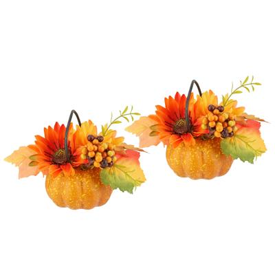 Kunstblume I.GE.A. "Dahlien-Gesteck im Kürbis", gelb (gelb, orange), B:16cm H:12cm L:16cm, Polyester, Kunstpflanzen, Mit Beeren Blume Dekoblume Gesteck Herbstblume Herbstdeko Mittelstück