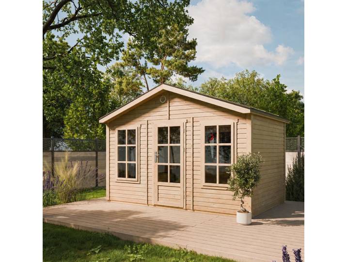 TIMBELA M734 Gartenhaus Holz 370 x 240 cm, Gerätehaus aus Holz mit 2 Fenstern aus gehärtetem Glas, Glastür, Gartenhütte mit Bitumenschindeln, Holz Geräteschuppen ohne Boden