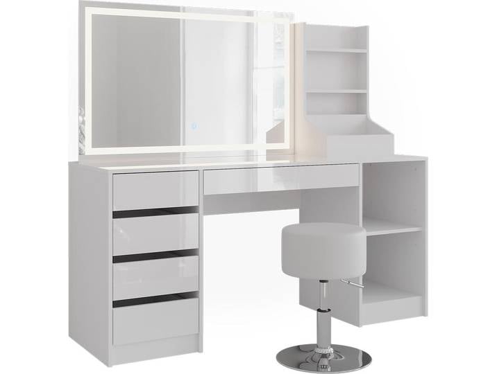 Coiffeuse Vicco Sherry Blanc/Blanc Haute brillance 158.2cm avec miroir LED et tabouret\, Model 57657