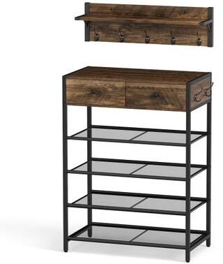Costway Coat Rack Shoe Stand Set 5-Tier Shoe Rack with Wall-Mounted Coat Hanger-Brown