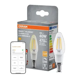 OSRAM E14 SMART+ MATTER Classic B40 Kerze warmweiß 4W wie 40W dimmbar - kompatibel mit Alexa, Google Home, Matter über WiFi