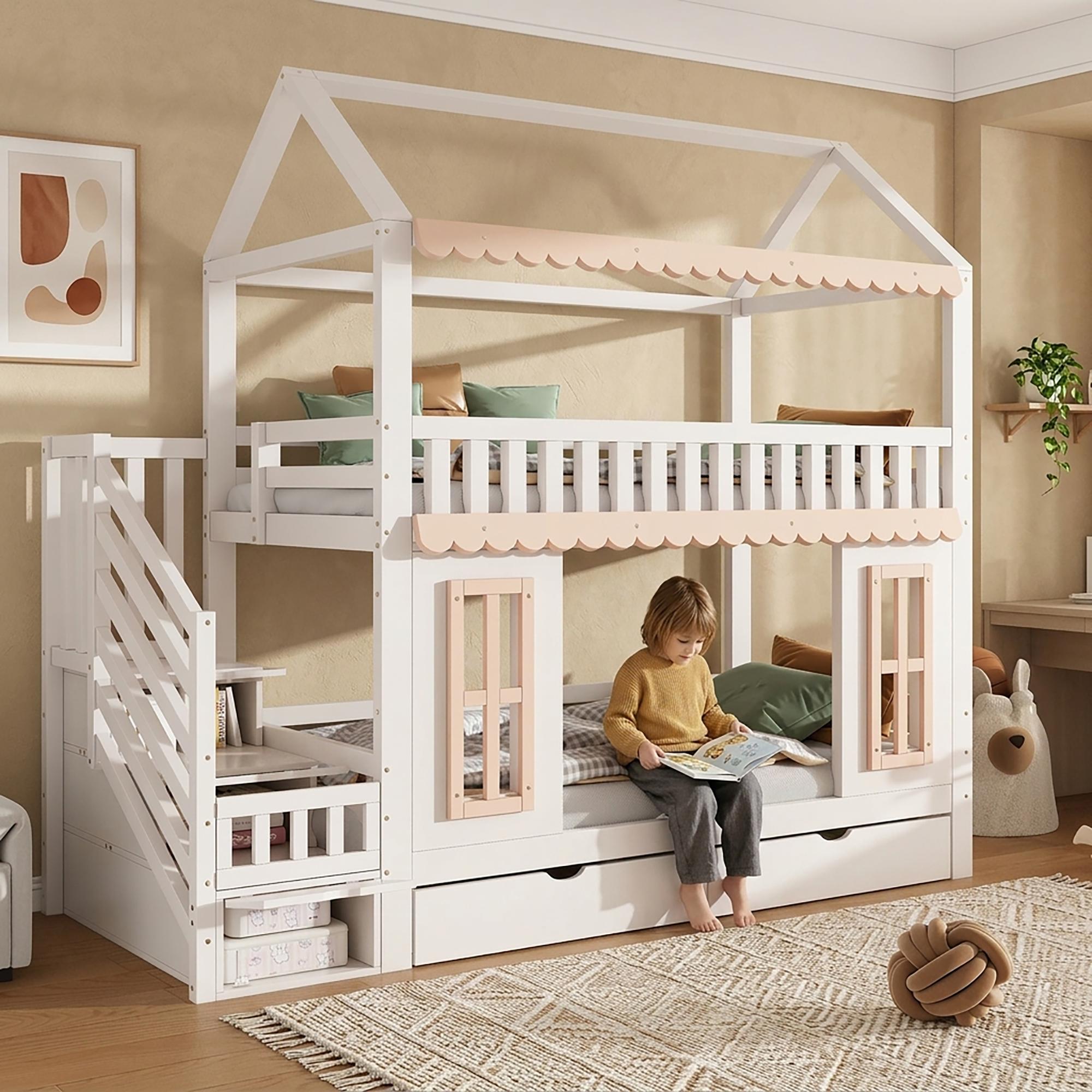 Merax Etagenbett 90x200mit Stauraum, Kinderbett mit Leiter mit Fächern und 2 Schubladen, Hausbett mit Holzfenster Design aus Kiefer und MDF, Weiß
