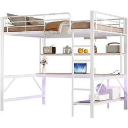 OKWISH Hochbett 140x200 mit Schreibtisch, Regal, LED-Beleuchtung, Steckdose und USB, Metallrahmen, platzsparendes Loftbett, modernes Wohnen Weiß