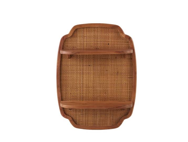 Wandregal aus Akazienholz mit Rattan-Verkleidung, dunkelbraun