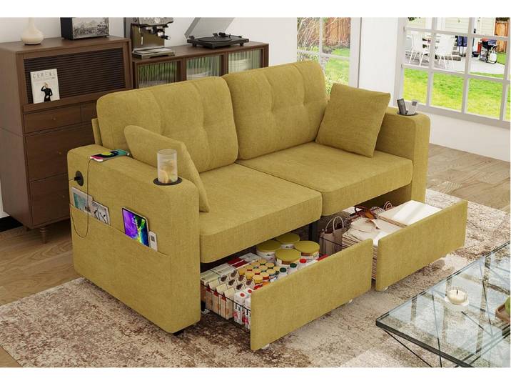 LVHOM 2-Sitzer Loungesofa mit Stauraum, Seitentaschen, Getränkehaltern, USB-/-C-Port, 2xausziehbare Stauraum unten, Seitenfach+Seitentaschen, 2xGetränkehalter, 2xLadeanschlüsse, Chenille, inkl. 2 Zierkissen, Holzrahmen, bis 250 kg, für Wohn-, Schlaf-, Arbeitszimmer & Apartement