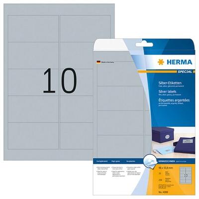 HERMA Silberfarbene Folien-Etiketten 96 x 50,8 mm, 250 Etiketten, glänzend, wetterfest