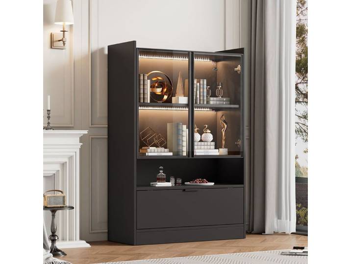 Vitrine moderne à LED noir mat hauteur 120 cm avec porte vitrée et porte coulissante vitrine de salon en aggloméré