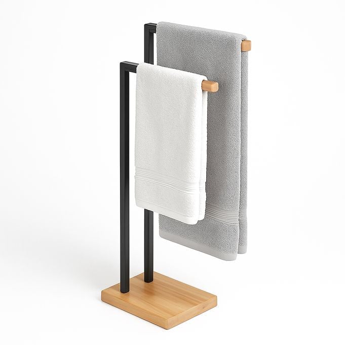 Relaxdays Handdoekrek voor de badkamer, Staand, Zwart, Metaal en Bamboe, H 80,5 x B 38,5 x D 19,5 cm