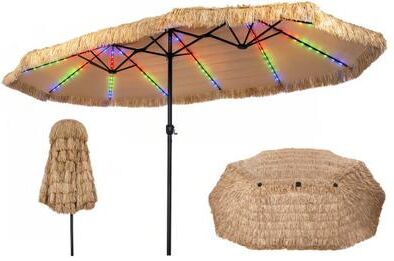Costway 15 x 9 FT Solar Double-sided Patio Umbrella with 144 Multi-colored Flowing Lights 12 Modes and 12 Ribs-Brown