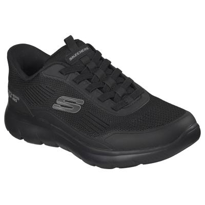 Slip-On Sneaker SKECHERS "SUMMITS-LEYTER", Herren, Gr. 41, Polyester, schwarz (schwarz, schwarz), Synthetik, Textil, unifarben, Schuhe, Slipper, Schnürschuh mit Handsfree Slip-Ins Funktion