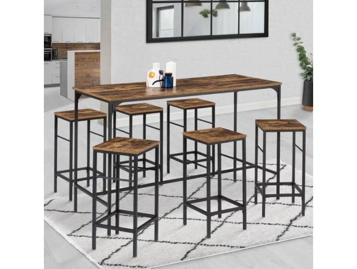 IDMARKET Ensemble table haute de bar DAYTON 150 cm et 6 tabourets avec dossier effet vieilli design industriel