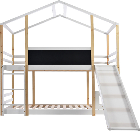 Weiss 90x200cm Kinderbett Hochbett (mit Rutsche) & Leiter, 2x Lattenrost Baumhaus Hausbet Kiefer-Massivholz (Ohne Matratze)