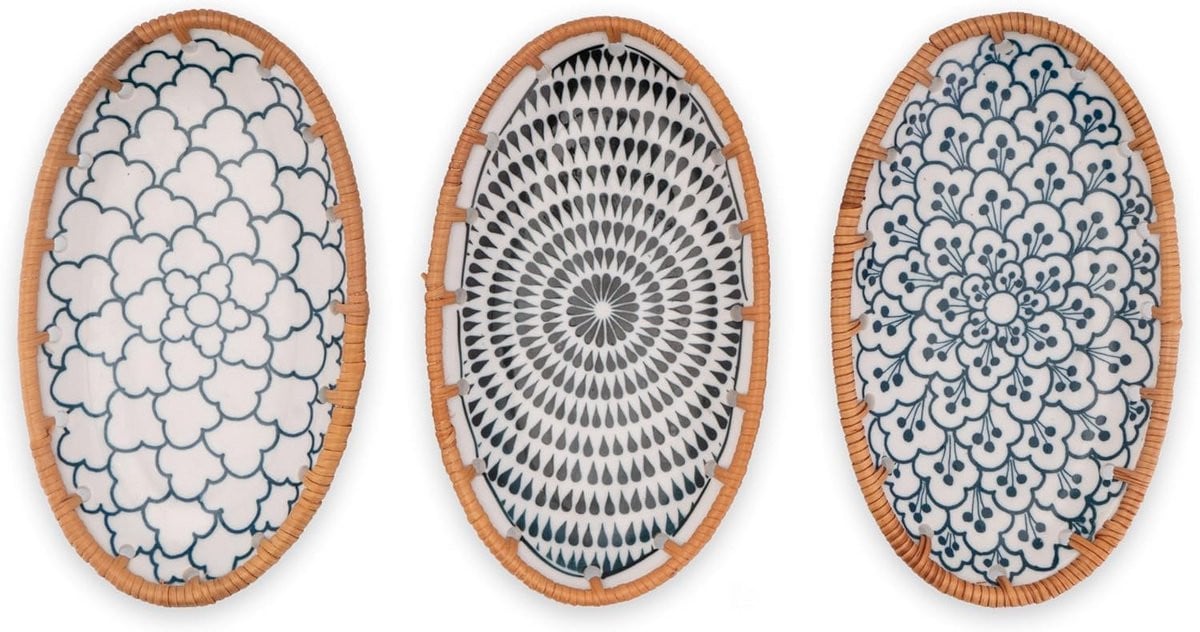 Set van 3 decoratieve keramische schalen met rotan vlechtwerk in boho-stijl