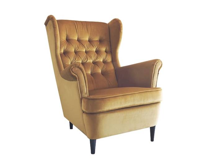 Fauteuil bergère capitonné en velours de polyester jaune curry