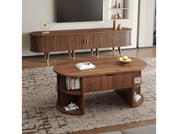 2-teiliges Wohnzimmerset Couchtisch TV-Schrank Riffelung Holzfüße Gold TV-Board mit Schiebetüren und Stauraum, TV-Schrank als TV-Möbel und TV-Kommode, Couchtisch mit Hubplatte für Wohnzimmer