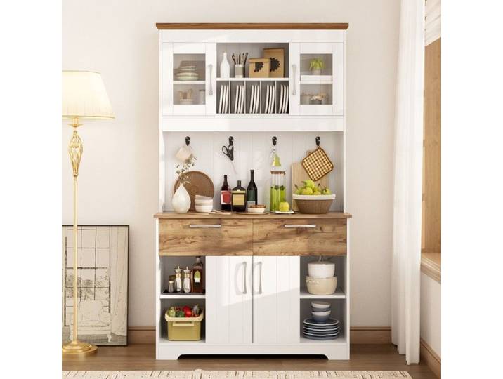 Buffet cuisine - Zephmum - grand rangement vitrines 2 tiroirs portes barre crochets 106x39x176 5 cm