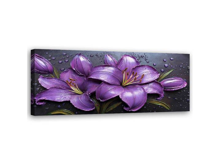 Feeby Wandbild lila lilien blumen tautropfen, Lila, Floral, Rechteckig, 90x30 cm, Bilder & Rahmen, Bilder, Leinwandbilder