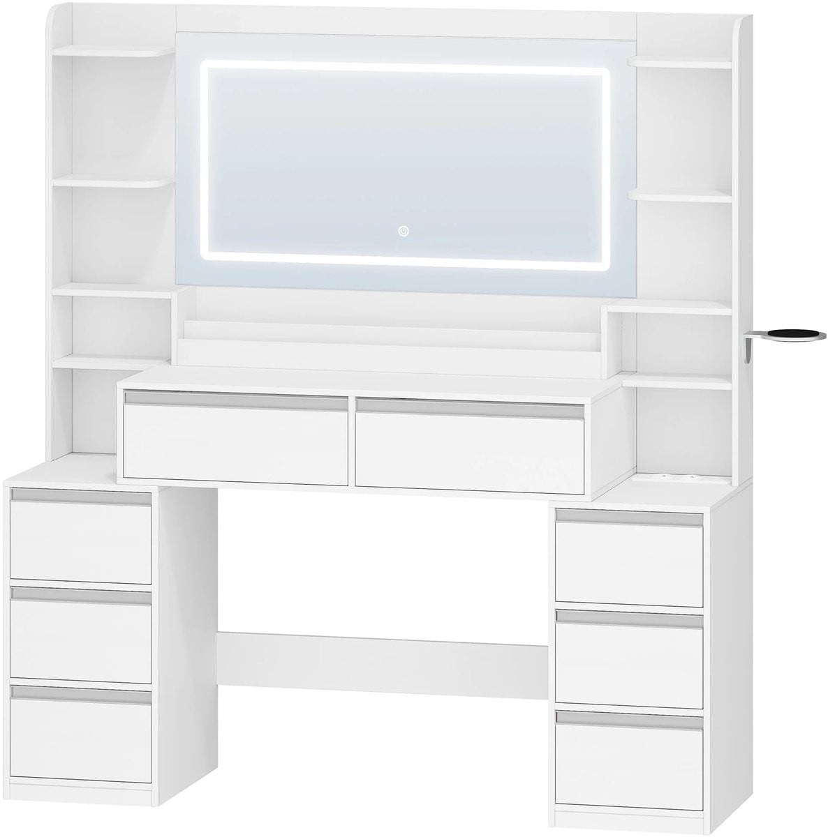 Atlasyx Kaptafel met spiegel, verlichting en 8 laden - Wit - B: 135 cm, D: 40 cm, H: 145,2 cm