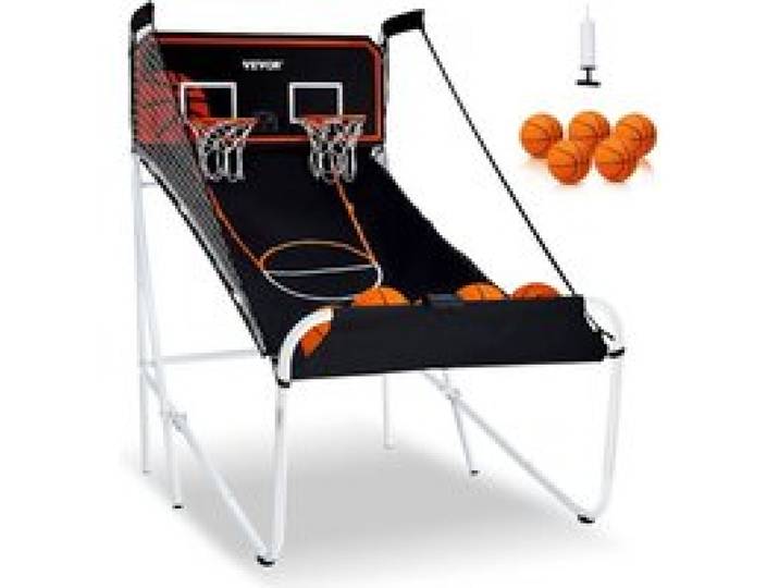 VEVOR Faltbaes Indoor-Basketballspiel für 2 Spieler, Basketballautomat, Baskeltballständer mit 5 Bällen & 8 Spielmodi & 2 Basketballkörben & Aufblaspumpe, für Kinder, Erwachsene (Schwarz & Weiß)
