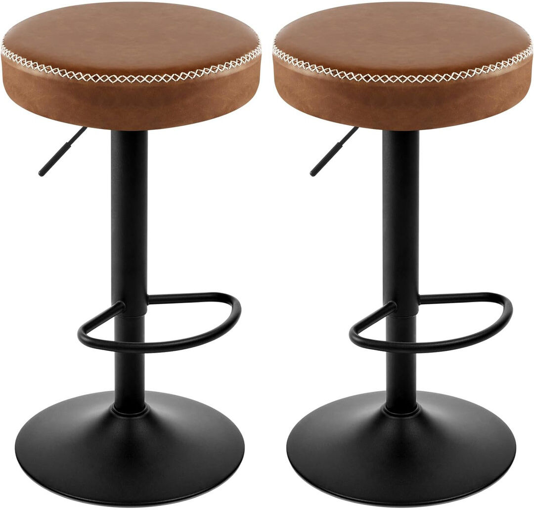 George Oliver Sutherby Swivel Round Bar Stool, Height Adjustable, Metal Frame, Vintage Faux Leather Brown 2