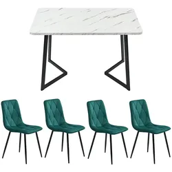 Merax Essgruppe, (5-tlg), Esstisch mit 4 Stühlen Set Küchetisch Esszimmerstuhl, Metallbeine, Samt, Grün
