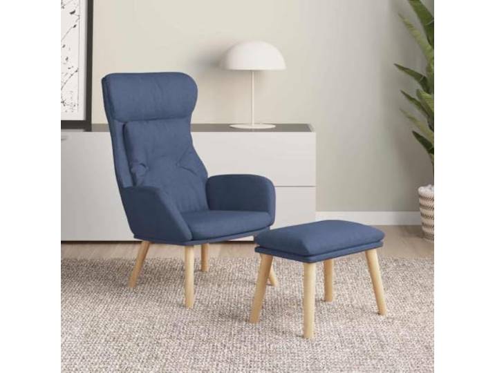 Relaxsessel mit Hocker Blau Stoff Metallgestell, Kautschukholz-Beine, atmungsaktiver Stoff, Fußhocker, Montageanleitung inklusive