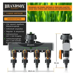 Brandson, Schlauchanschluss + Schlauchverbinder, 2x 4-fach Wasserverteiler, Schlauchverteiler für Gartenschlauch, 3/4 Zoll (19.05 mm)
