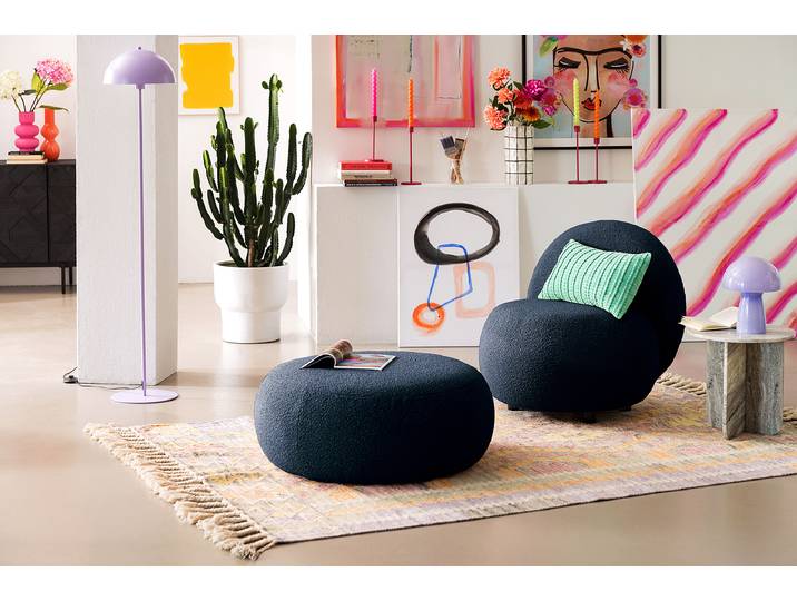 Repose-pieds capitonné STOOLA 65cm Bleu Tissu Bouclé Basima: Bleu marine