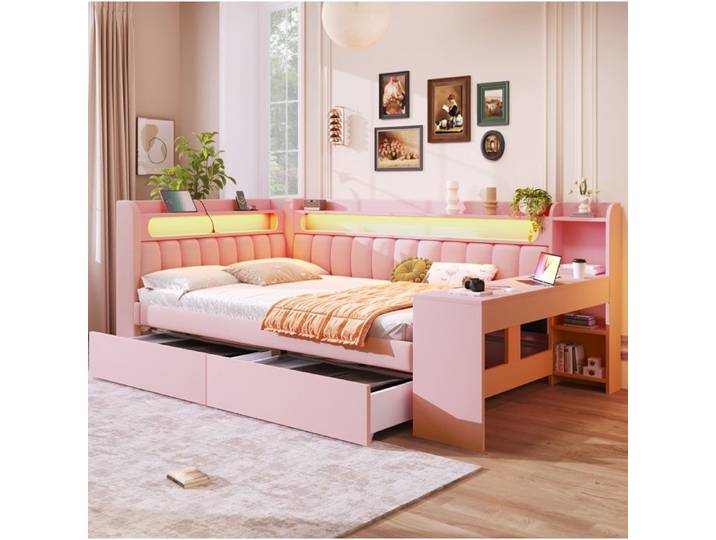 lit adulte rangement daybed 140x200 avec bureau LED USB 2 tiroirs en tissu rembourre structure MDF contreplaque Grjofek