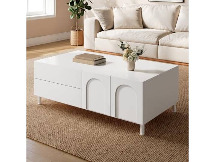 BXEYXE Stauraum-Couchtisch, rechteckiger Wohnzimmertisch, Couchtisch mit Bogen-Türen, Tisch aus Spanplatte+MDF, Tisch mit Stahlrohrfüßen, Aufbewahrungstisch für Wohnzimmer