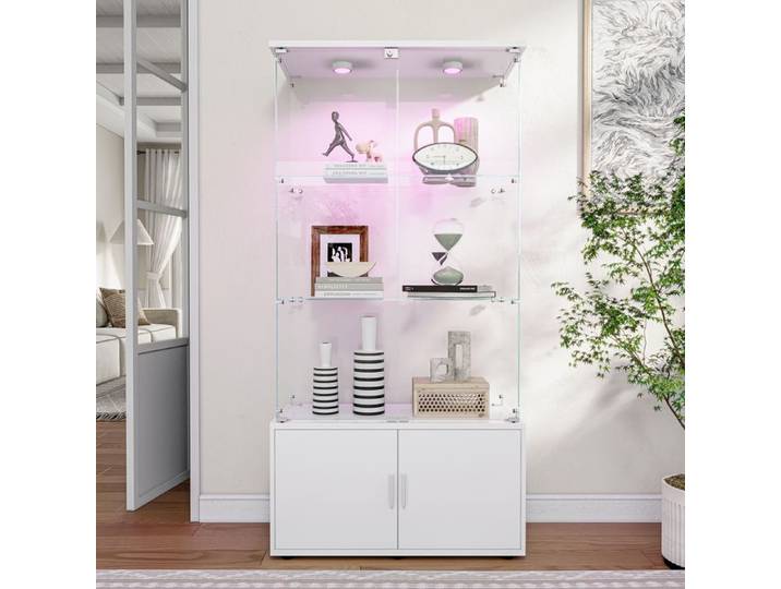 Vitrine en verre - LUMINARIX - Armoire de Collection 3 étages Vitrine de salon Lumière LED Verre trempé 4 Porte Blanc