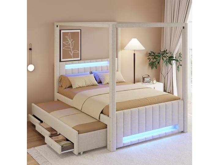 Crlnaup 140x200 cm großes Polster-Himmelbett mit Ausziehbett und DREI Schubladen, LED-Beleuchtung Beige